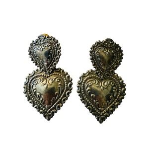 Vintage Double Heart Dangle Earrings Ornate Filigree Silver Tone Dangles